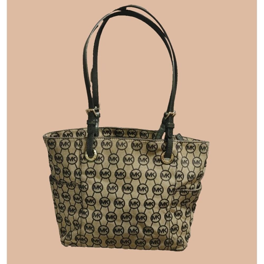 Michael Kors Jet Set Tote Leather and Canvas Black and Tan Logo